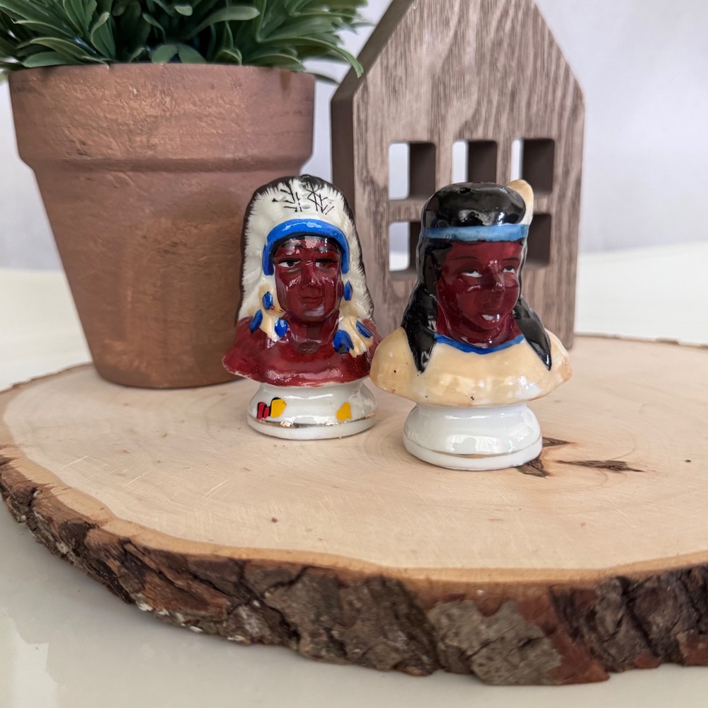 Vintage Native American Chief and Maiden Salt and Pepper Shakers Japan Ceramic